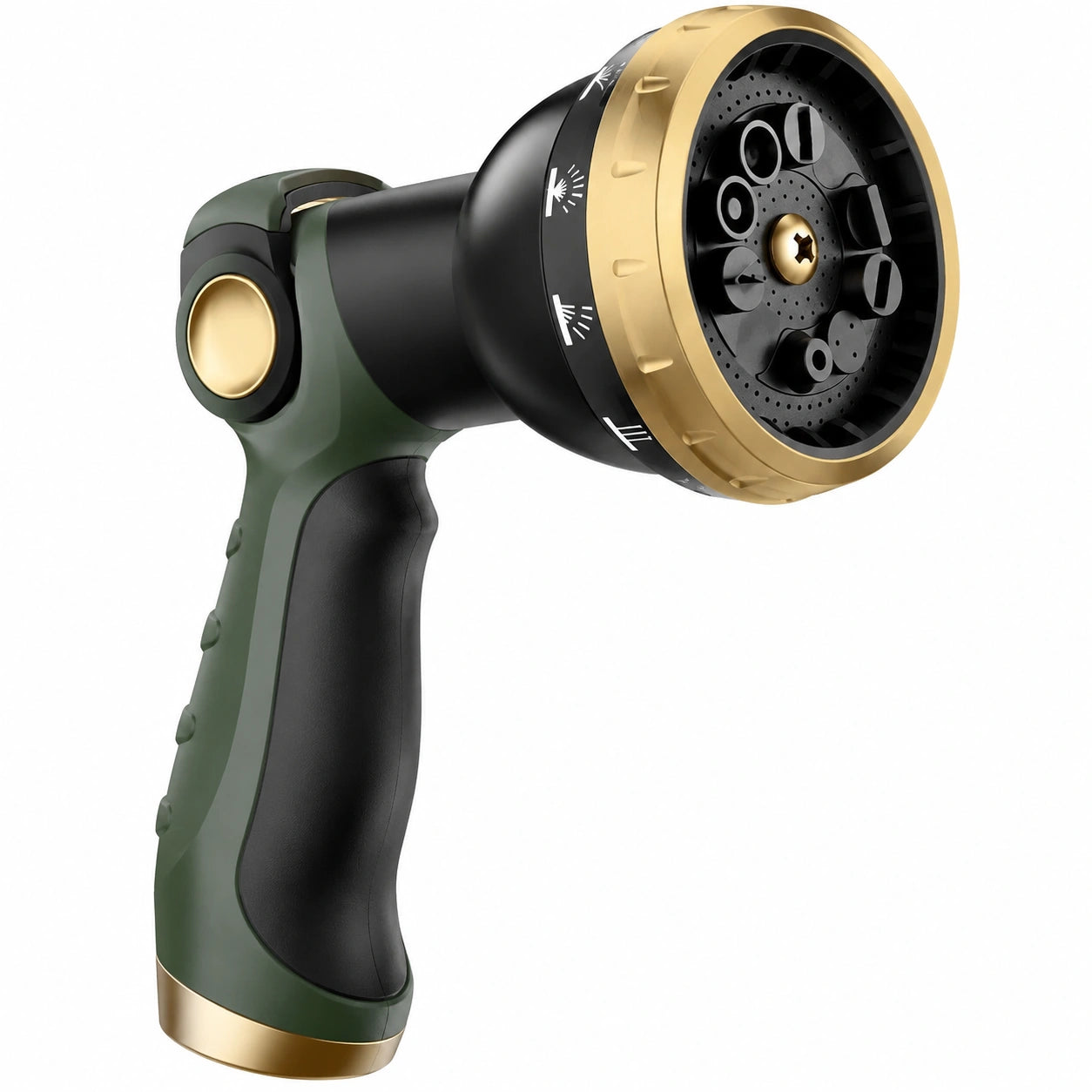 Pistola irrigazione 20 cm in plastica verde nero e oro con getto regolabile