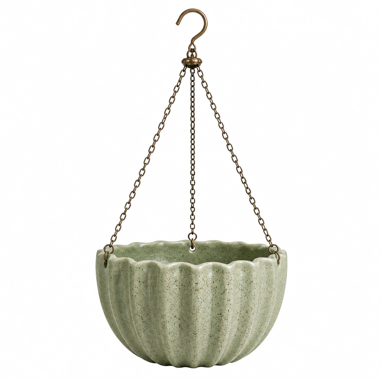 Vaso sospeso Ø18 x 14 cm in ceramica verde salvia con catene metalliche per piante