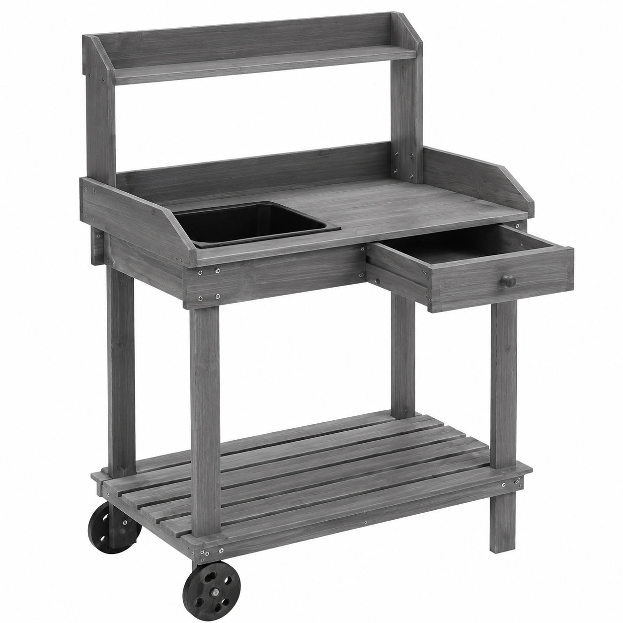 Tavolo da lavoro per giardinaggio 117 x 45 x 121 cm in legno grigio con vaschetta e cassetto