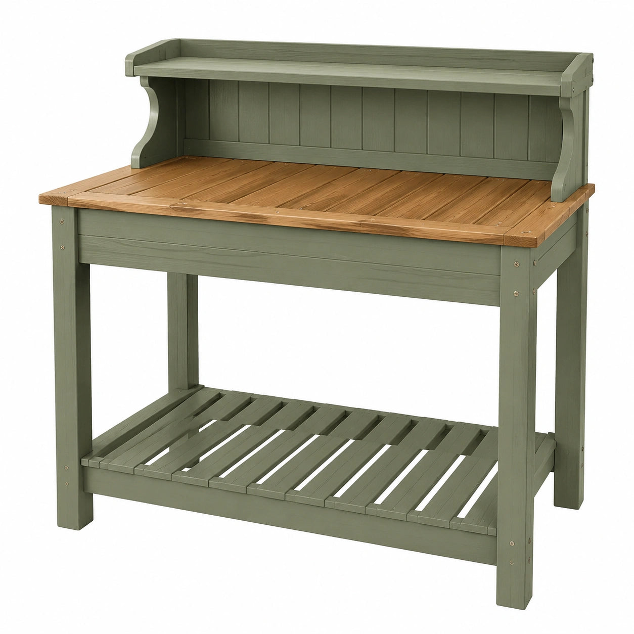 Tavolo da lavoro per giardinaggio 120 x 60 x 117 cm in legno verde e naturale con ripiano e mensola