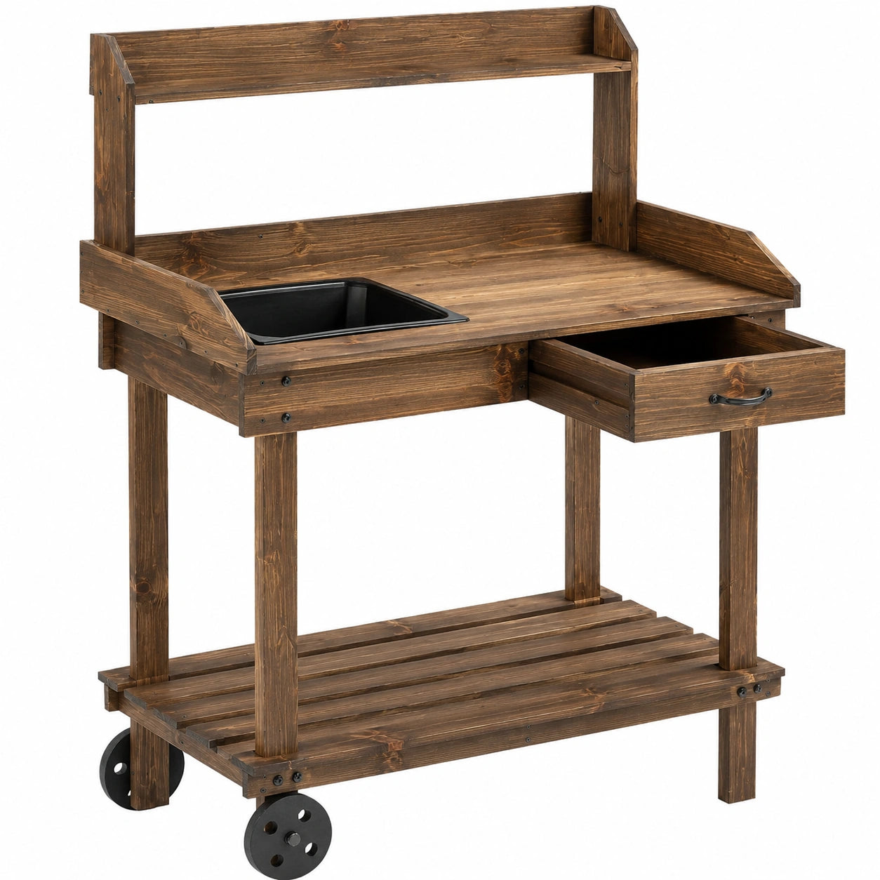 Banco da giardinaggio 120 x 55 x 165 cm in legno marrone con lavello e cassetto stile rustico