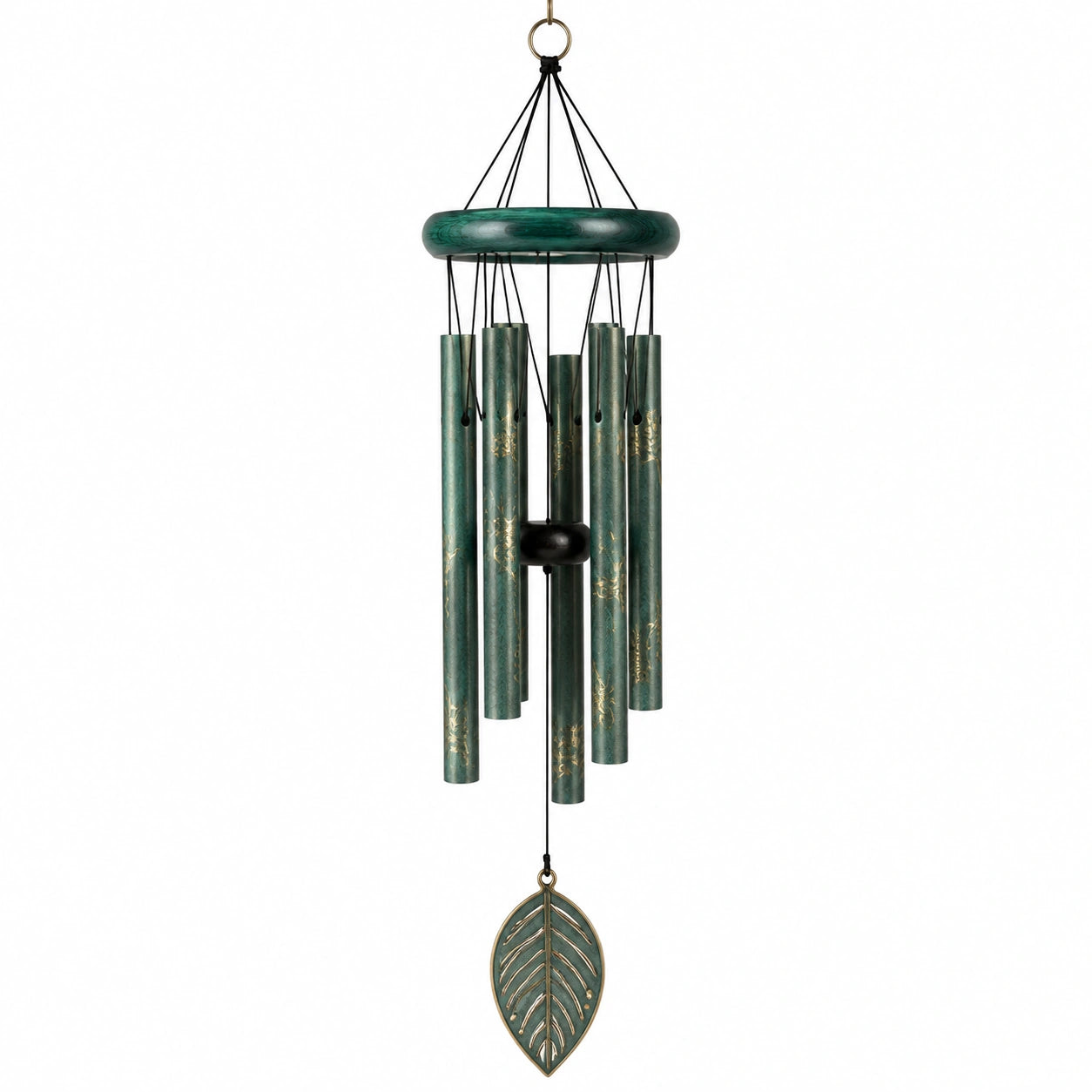 Campanella eolica in metallo verde 85 cm con tubi sonori e decorazione a foglia