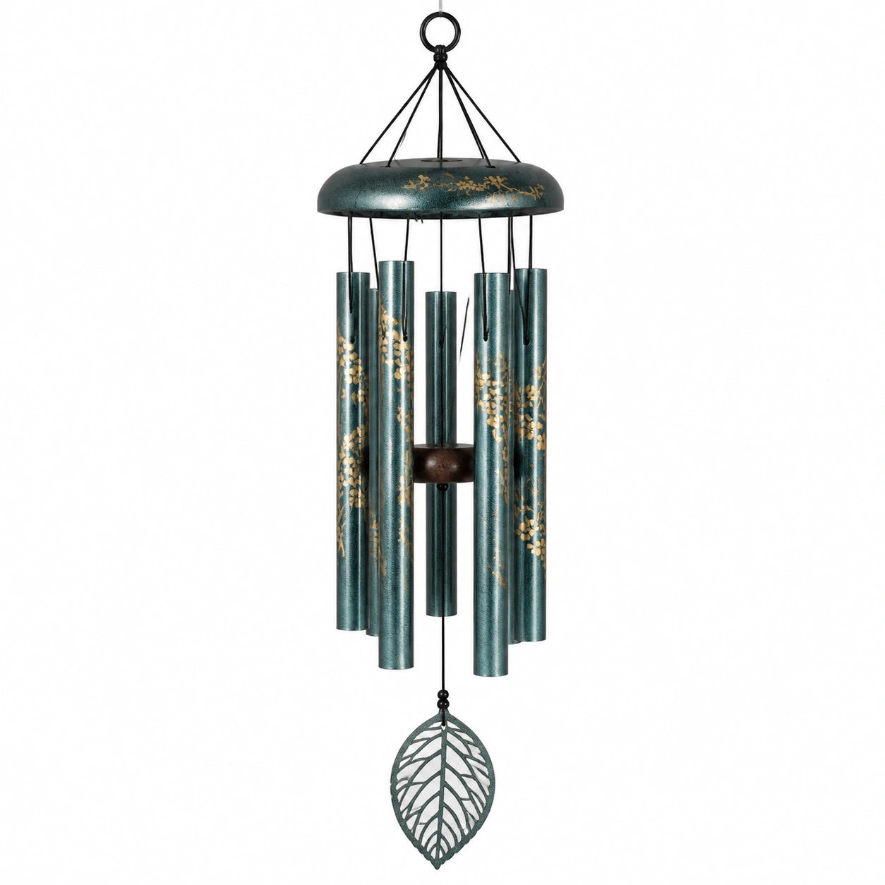Campanello eolico 85 cm in metallo verde petrolio con foglia decorativa da appendere