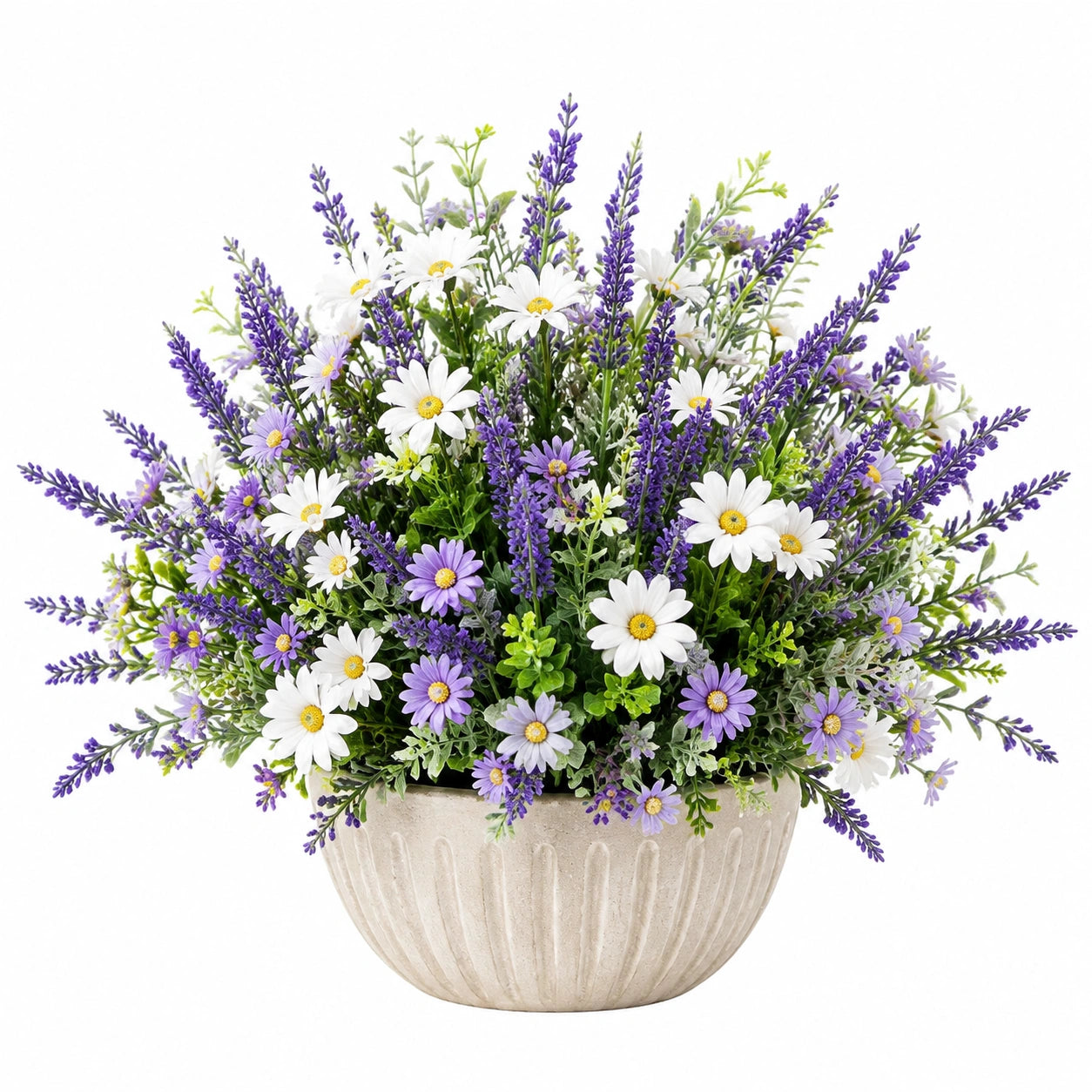 Pianta artificiale in vaso 60 cm con margherite e lavanda viola bianca stile decorativo