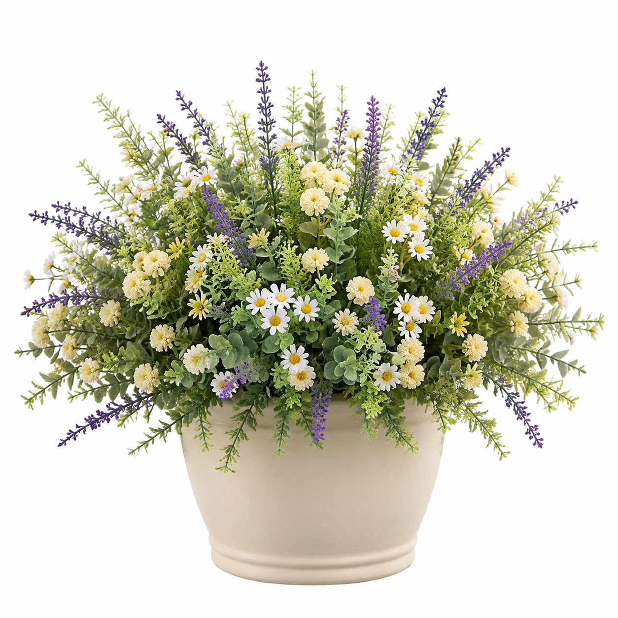Pianta artificiale in vaso 55 cm fiori misti bianco giallo viola per interno stile rustico