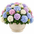 Pianta artificiale in vaso 65 cm con ortensie in tessuto multicolore per interni stile classico