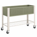 Fioriera rialzata 120 x 60 x 90 cm in acciaio verde e bianco con ruote e ripiano