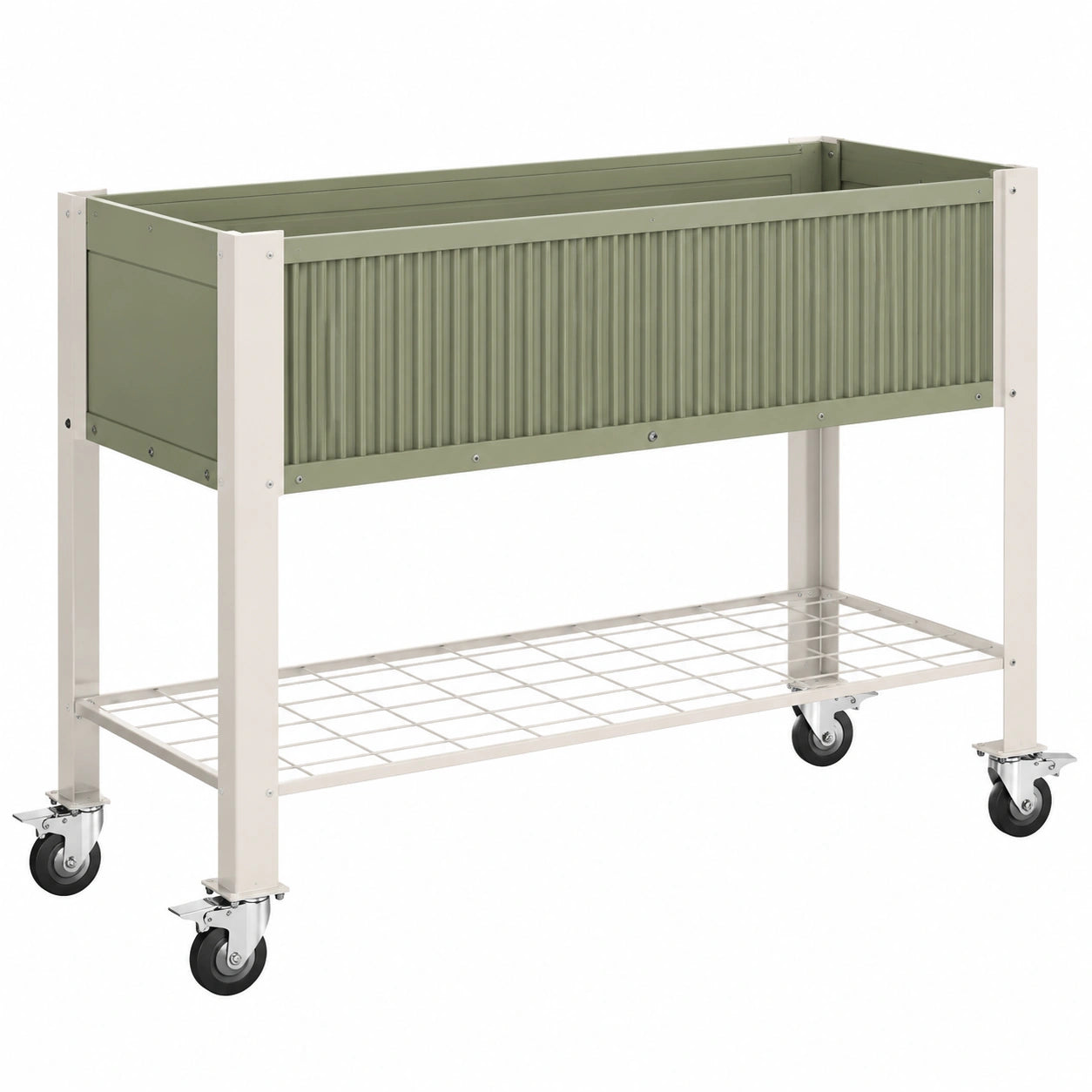 Fioriera rialzata 120 x 60 x 90 cm in acciaio verde e bianco con ruote e ripiano