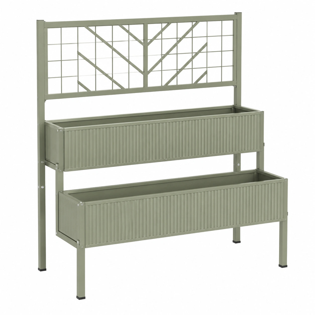 Fioriera rialzata 80 x 40 x 180 cm in acciaio verde salvia con graticcio e due vasche