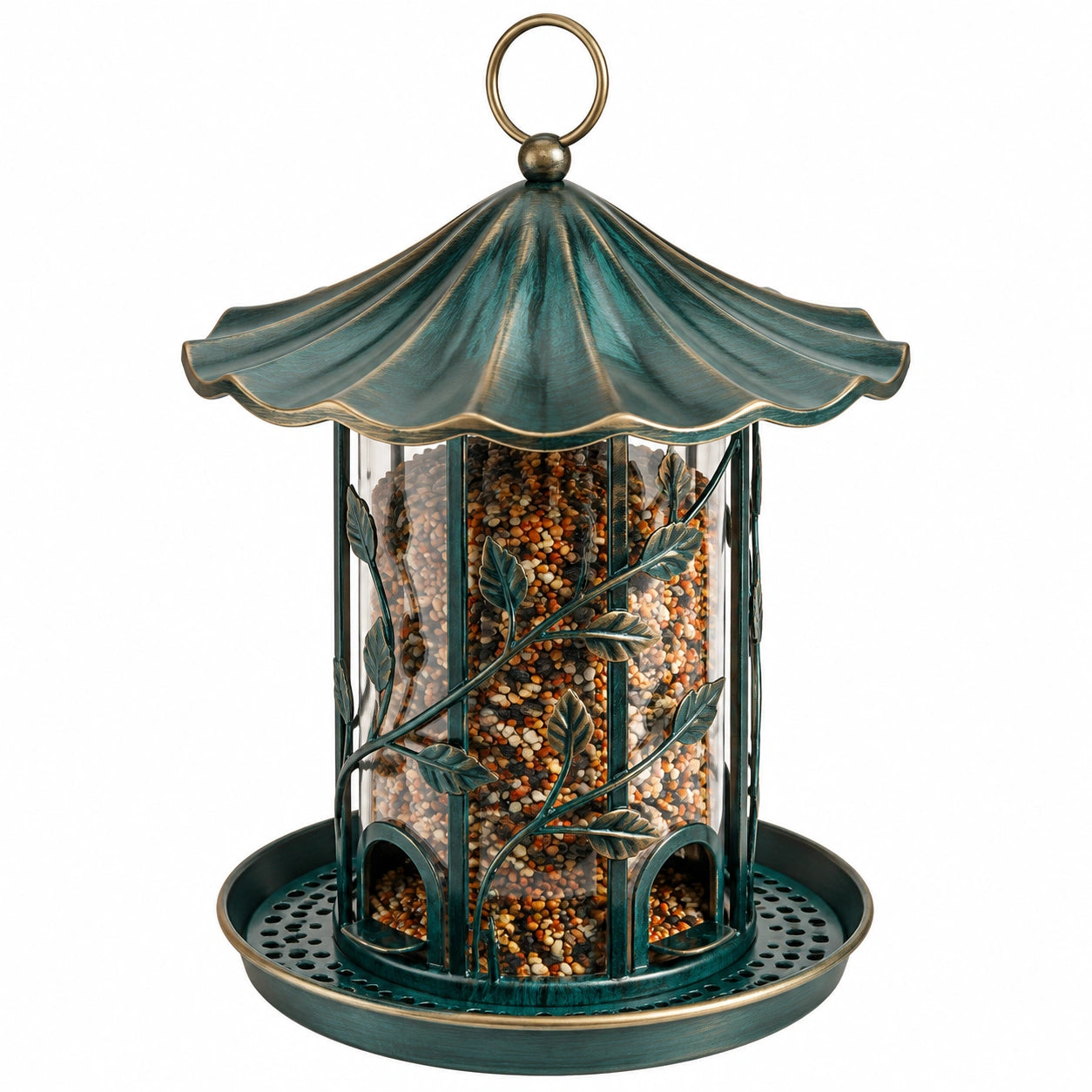 Mangatoia per uccelli sospesa 20 x 20 x 38 cm in metallo verde bronzo con serbatoio trasparente stile classico